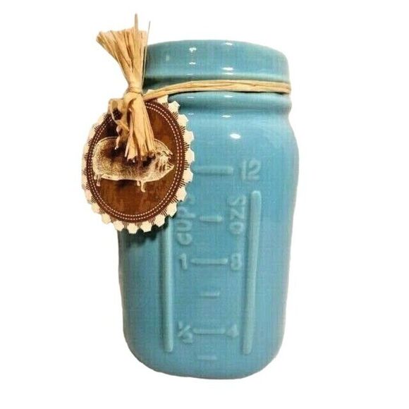 Country Mason Jar Blue Measuring Cup Utensil Holder Embellished Rooster 7 x 4-in - Picture 2 of 4